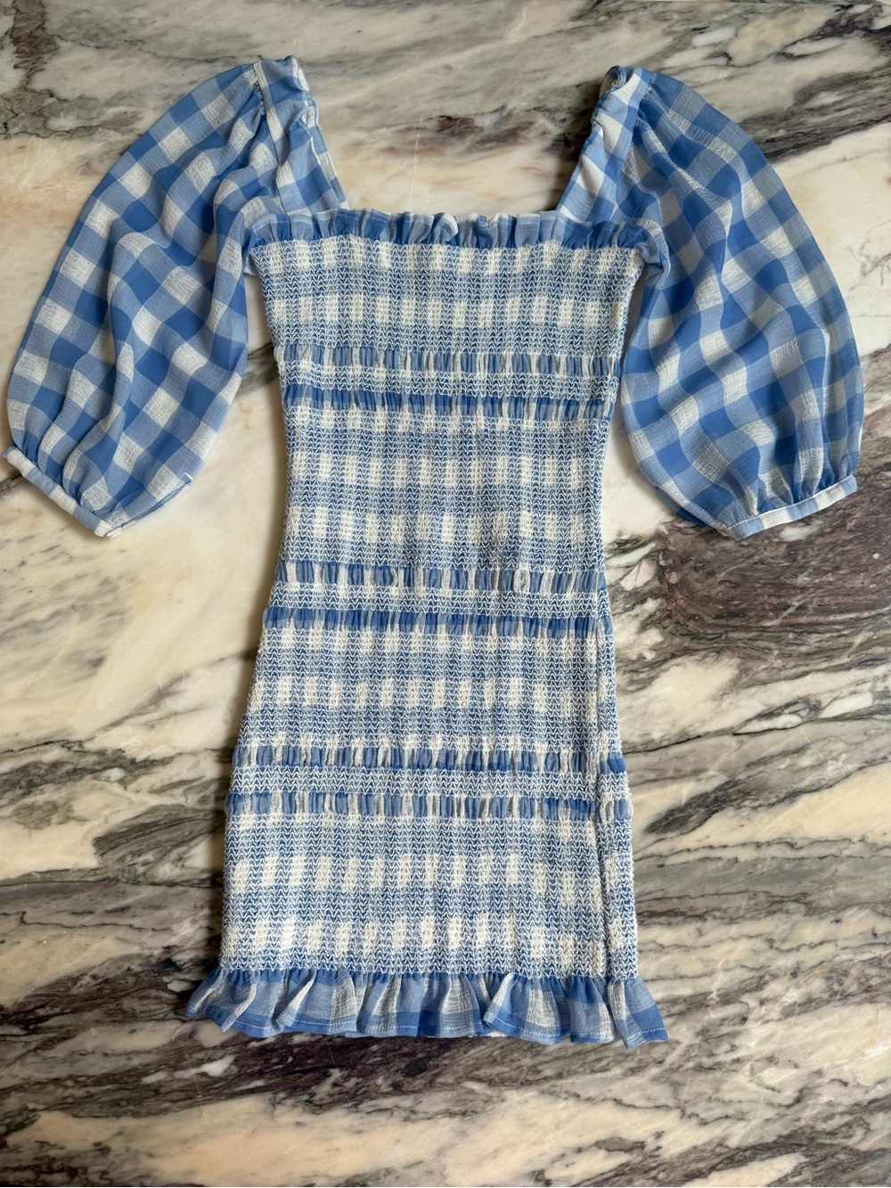 Capulet Blue and White Gingham Smocked Puff-Sleeve Mini Dress